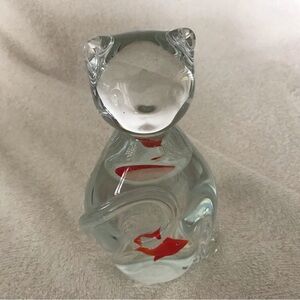 Clear Glass Cat Paperweight Figurine Red Fish Inside